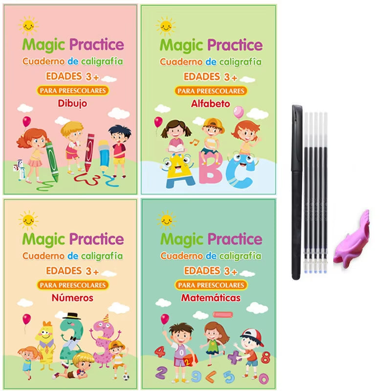 4 Books Magic Groovd Copybook Spanish English French German Calligraphy Practice Book Reusable Handwriting Workbooks for Kids