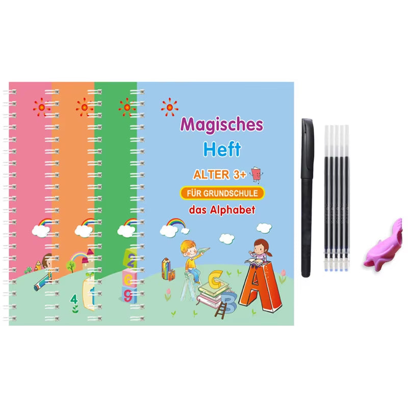 4 Books Magic Groovd Copybook Spanish English French German Calligraphy Practice Book Reusable Handwriting Workbooks for Kids