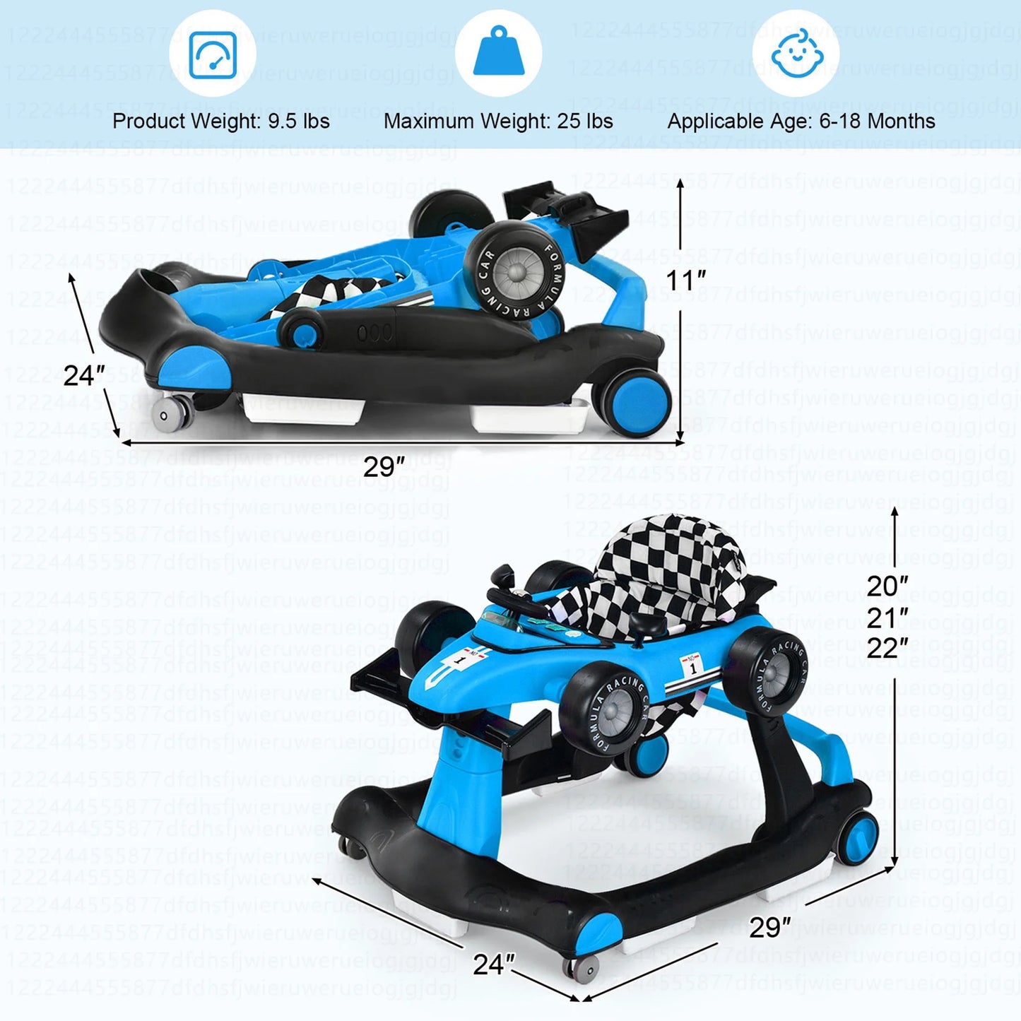 4-In-1 Baby Walker Foldable Activity Push Walker Adjustable Height Blue