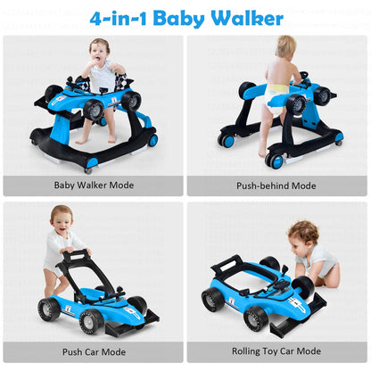 4-In-1 Baby Walker Foldable Activity Push Walker Adjustable Height Blue